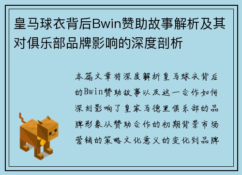 皇马球衣背后Bwin赞助故事解析及其对俱乐部品牌影响的深度剖析