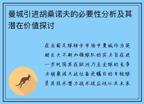 曼城引进胡桑诺夫的必要性分析及其潜在价值探讨
